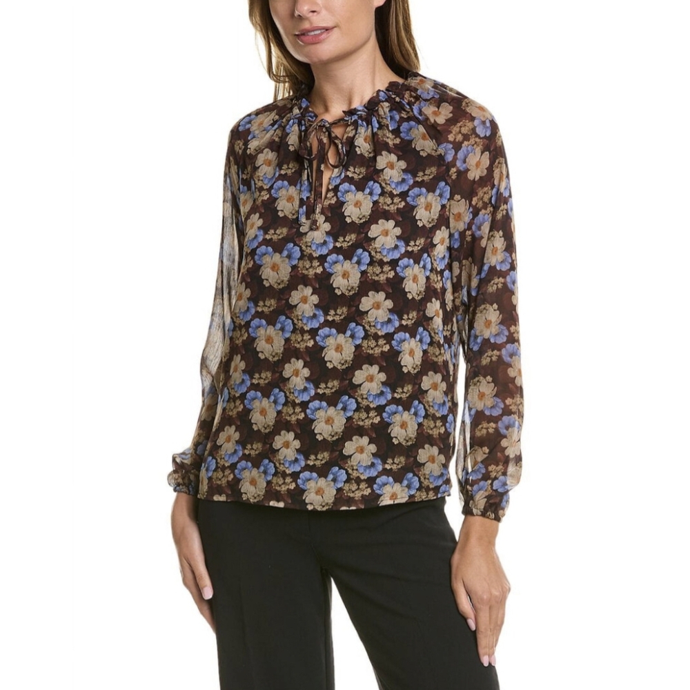 Elie Tahari Neck Tie Floral Blouse Sz 1X